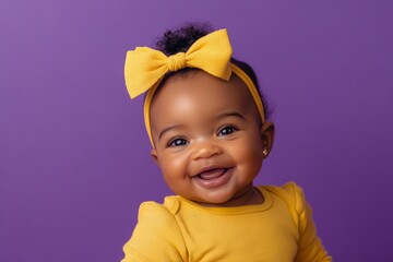 Smiling baby girl in yellow outfit and matching bow headband on purple background, joyful and bright
