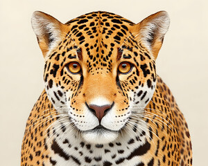 Obraz premium Close-up portrait of a jaguar, showcasing its intense gaze and distinctive spotted coat against a neutral background