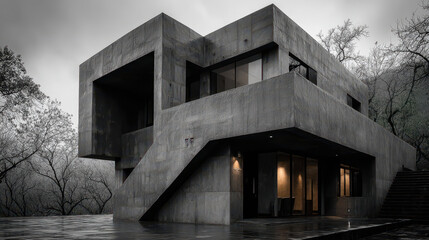Fototapeta premium Brutalist building showcasing raw concrete design and striking features in an urban landscape