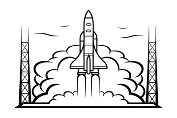 Obraz premium Vector Outline Illustration Of A Rocket Launching With Smoke In A Space Exploration Mission Black And White