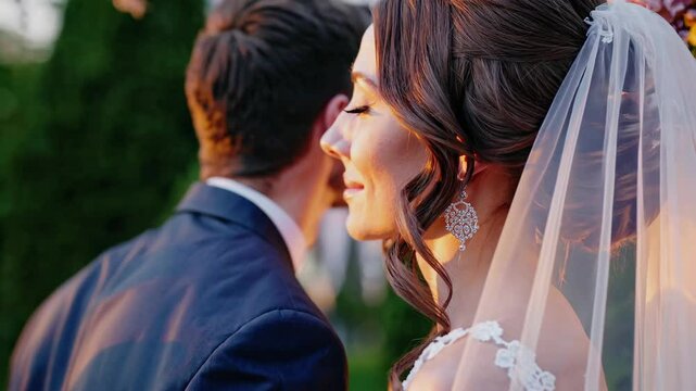 Romantic wedding kiss unfolds under blooming arch, bride and groom sealing promise. Sunset glow enhances passion as romantic wedding kiss symbolizes devotion, uniting hearts in romantic wedding kiss.