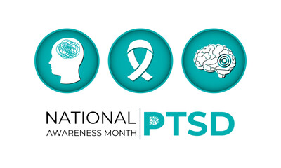 National PTSD Awareness Month is june. Health awareness vector. Realistic ribbon, Human and brain icon. Educate the public about post-traumatic stress disorder. Banner and background design template.