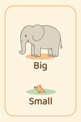 Opposites flashcard with big elephant and small mouse for kids education