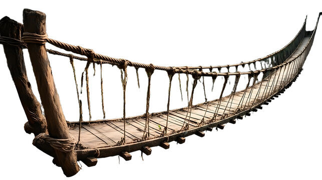 Fototapeta Suspension bridge in jungle, wooden and rope structure, isolated on transparent background