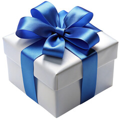 white gift box wrapped with shiny blue ribbon and decorative bow isolated on white background, perfect for holidays, birthdays, or special events

