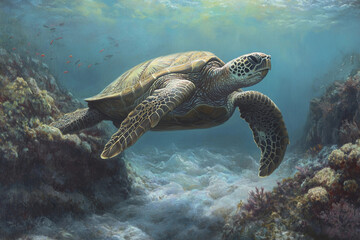 Fototapeta premium Massive sea turtle gliding gracefully over a coral reef in clear ocean waters during midday sunlight