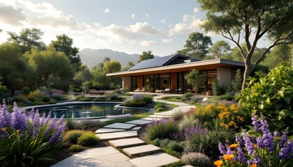 Obraz premium Modern Solar House with Lush Garden and Pool