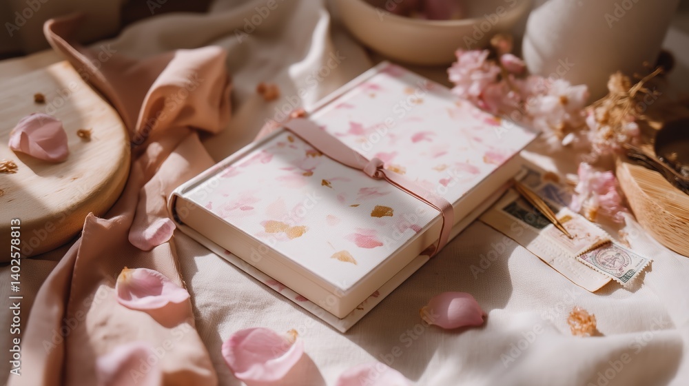 Poster notebook surrounded by pink flower petals on a soft fabric surface with minimalistic decor elements 