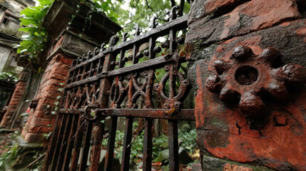 Rusty metal gate with intricate designs in front of an abandoned building overtaken by nature