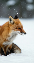 Obraz premium Red Fox attentively watching from a snowy field, ears perked up. Hunter instinct wildlife vertical phone background design.