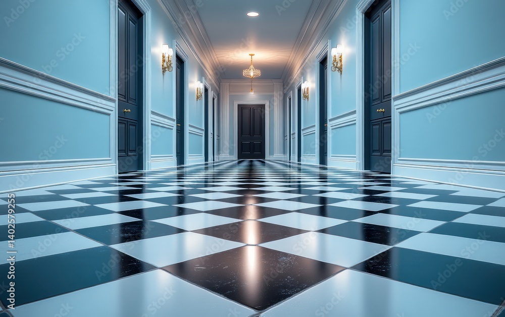 Poster minimalist perspective tiled floor with soft ambient lighting and monochromatic design