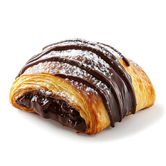 A freshly baked chocolate croissant with a golden, flaky exterior, rich dark chocolate filling
