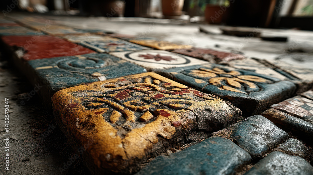 Poster close-up view of cracked mosaic tile floor with intricate patterns in an abandoned building showcasi