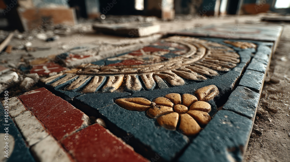 Poster Close-up view of an aged mosaic tile floor showcasing intricate patterns in an abandoned space revealing its lost history