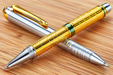 Two elegant pens, one gold and one silver,  crossed on a wood surface