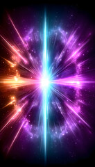 Naklejka premium Vibrant cosmic explosion with bright, multicolored energy beams radiating from a central point