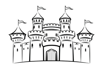 Majestic Castle Illustration In Black And White With Turrets And Flags Graphic Design For Fantasy Or Fairy Tales