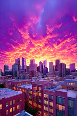 Obraz premium Vibrant sunset over a city skyline, illuminating buildings in warm hues