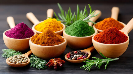 Vibrant spice powders in wooden spoons on dark wood