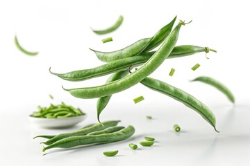 Floating Fresh Green Beans Macro Isolated on White with Motion Blur