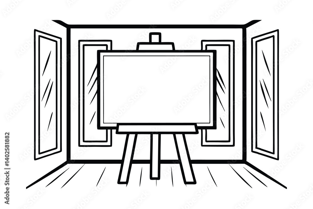 Aufkleber line art of a blank canvas on easel with windows in the background artistic setup