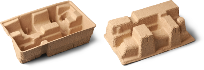 set of molded pulp packaging inserts isolated white background, light brown fibrous eco-friendly material designed to hold and protect products during shipping 