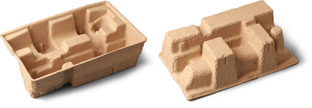 set of molded pulp packaging inserts isolated white background, light brown fibrous eco-friendly material designed to hold and protect products during shipping 