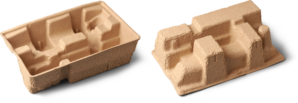 set of molded pulp packaging inserts isolated white background, light brown fibrous eco-friendly material designed to hold and protect products during shipping 