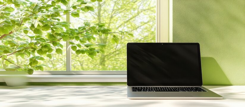 Laptop by window with greenery - Powered by Adobe