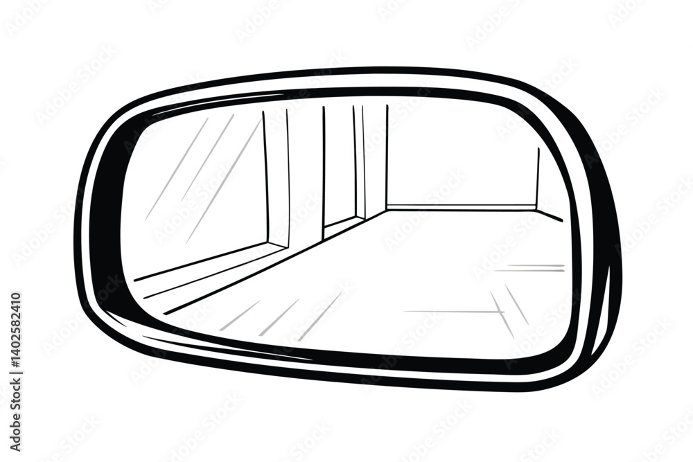 Poster conceptual outline of interior view reflected in mirror depicting empty room with window panes and f