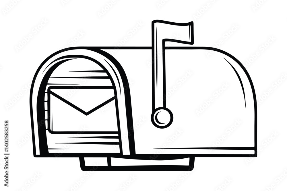 Poster line art illustration of a mailbox with a raised flag and letters inside waiting for pickup
