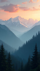 Tranquil Dawn Over Majestic Snowy Mountains and Verdant Forests, Bathed in Soft Morning Light and Mist