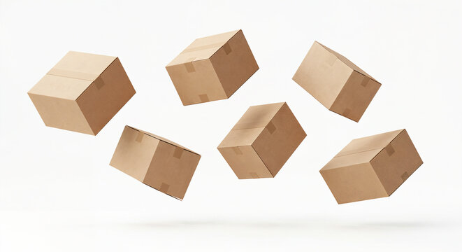 Cajas de cart&oacute;n flotando o volando aisladas sobre fondo blanco. Concepto de log&iacute;stica de entrega para dise&ntilde;o moderno.