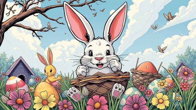 Niedlicher Osterhase mit bunten Eiern und Fr&uuml;hlingsblumen in fr&ouml;hlicher Zeichentrick-Szene &ndash; perfekt f&uuml;r Osterkarten, Kinderb&uuml;cher und fr&uuml;hlingshafte Dekorationen.