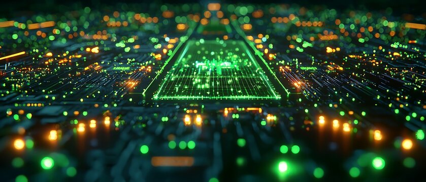 Sci-fi control panel with glowing green grid lines, floating 3D holographic displays, and pulsating energy nodes, set in a futuristic spacecraft cockpit, cinematic volumetric lighting, ultra-HD render