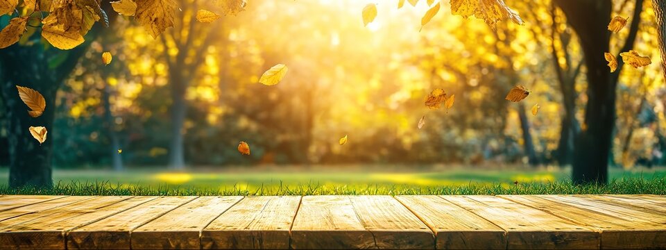 A yellow wooden table with a blurred background of trees and sunlight, creating an outdoor scene. The leaves in the foreground rustle gently as they fall from above. This is a banner design.