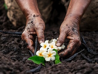 Hands plant vanilla flower