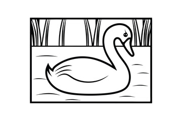 Simple Swan Illustration On Water With Reeds Black And White Drawing For Childrens Coloring Book Or Educational Resources