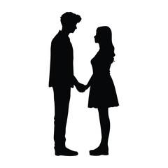 Romantic Couple Holding Hands Facing Each Other   Vector Silhouette on White Background