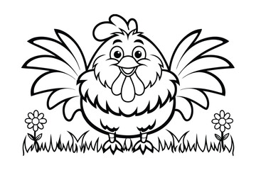 Cartoon Chicken On The Meadow Black And White Vector Illustration Smiling Poultry Standing Near Grass With Flowers For Coloring Books