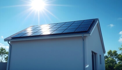 Fototapeta premium Solar Panels on House Roof Bright Sunny Day Energy