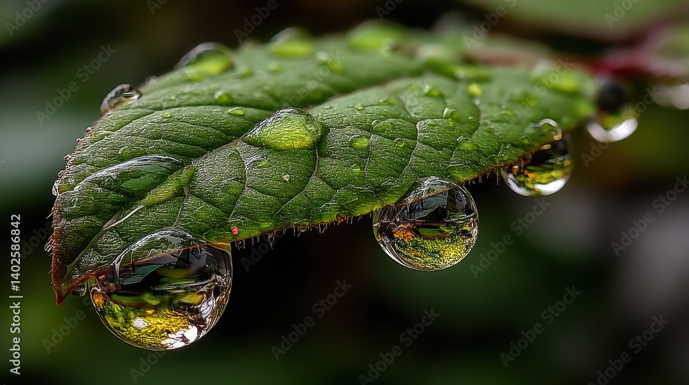 Poster mesmerizing droplets on a leaf create a stunning display of light and reflection in nature