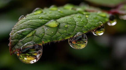 Mesmerizing droplets on a leaf create a stunning display of light and reflection in nature