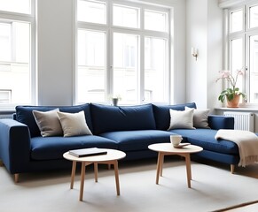 Bright and Cozy Modern Living Room with Comfortable Sofa and White Walls