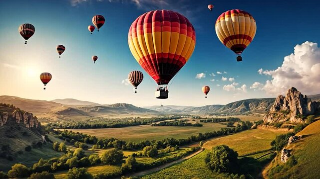 Spectacular hot air balloons ascending over rolling hills at sunset hour