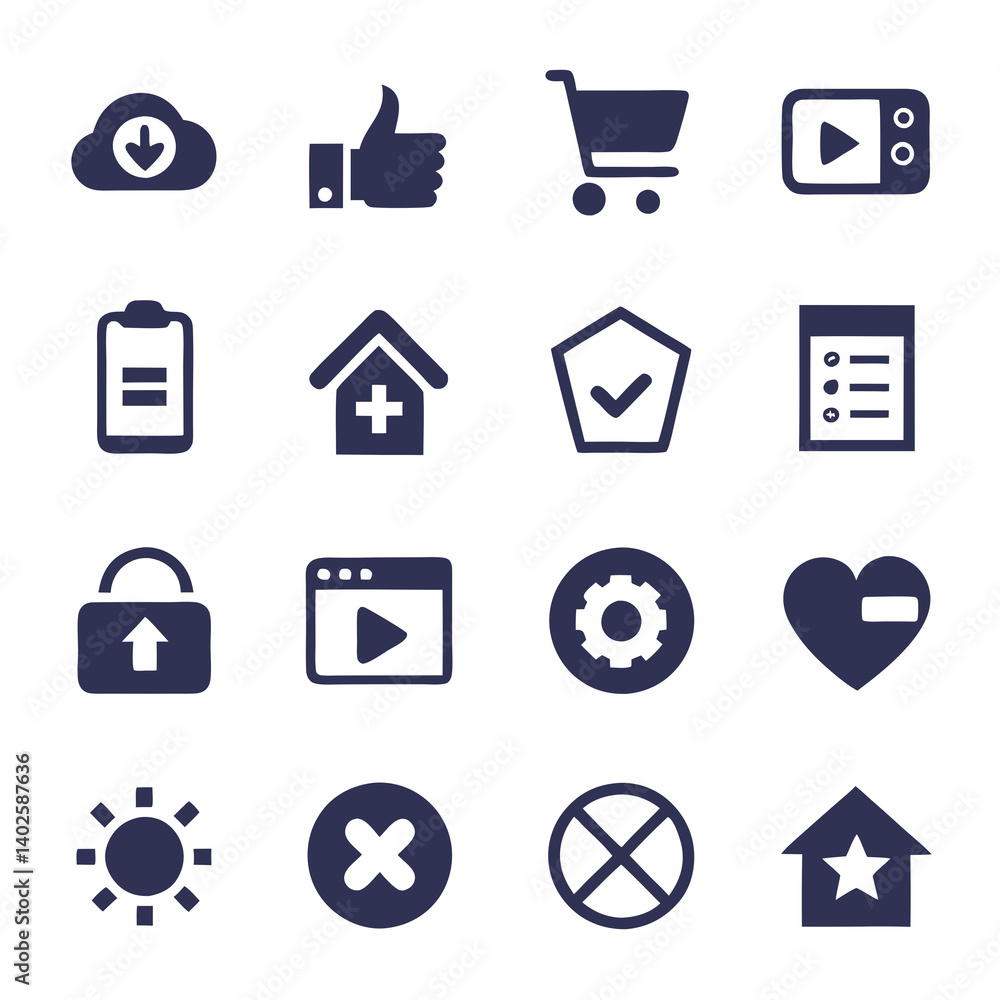 Poster collection of essential vector app icons for web design