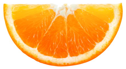 Orange slice isolated png. Top view orange slice on transparent background. Cut orang fruit piece no background. Full depth of field. Transparent png.