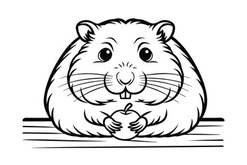 Cute Hamster Holding Apple Black And White Cartoon Illustration On Wooden Surface For Coloring Pages