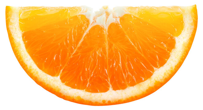Orange slice isolated png. Top view orange slice on transparent background. Cut orang fruit piece no background. Full depth of field. Transparent png.