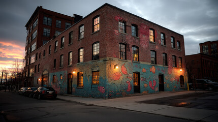 Mural on city street showing animated graffiti with digital projections and lighting effects during twilight